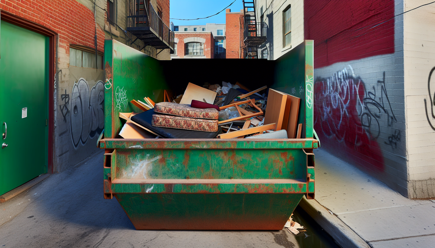 Dumpster with various items including mattresses