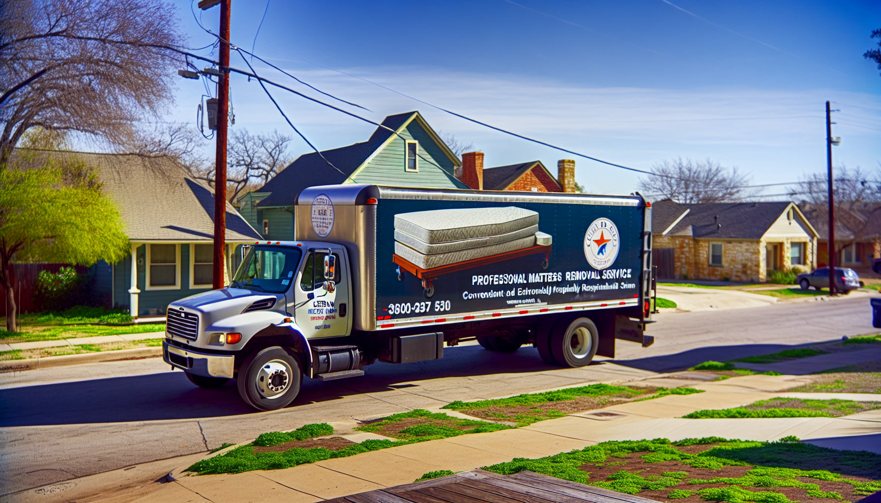 Professional mattress removal service truck parked outside a residential area in Cedar Park
