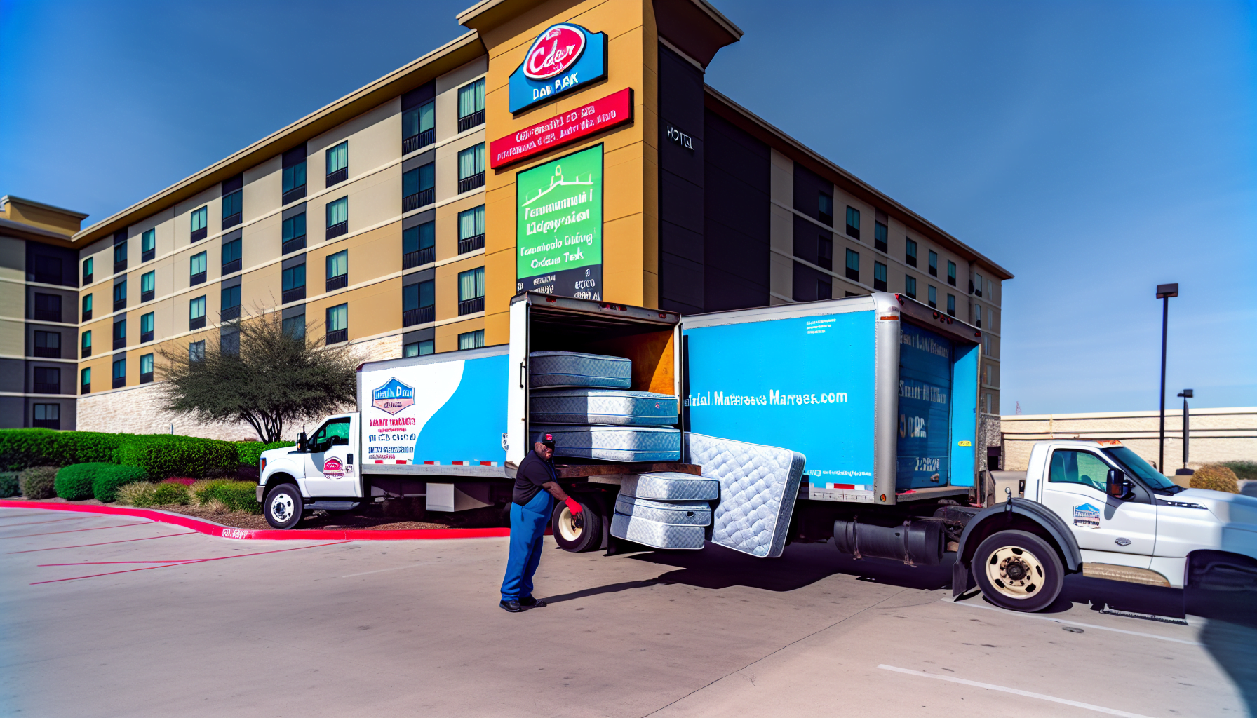 Commercial mattress disposal truck loading mattresses outside a hotel in Cedar Park