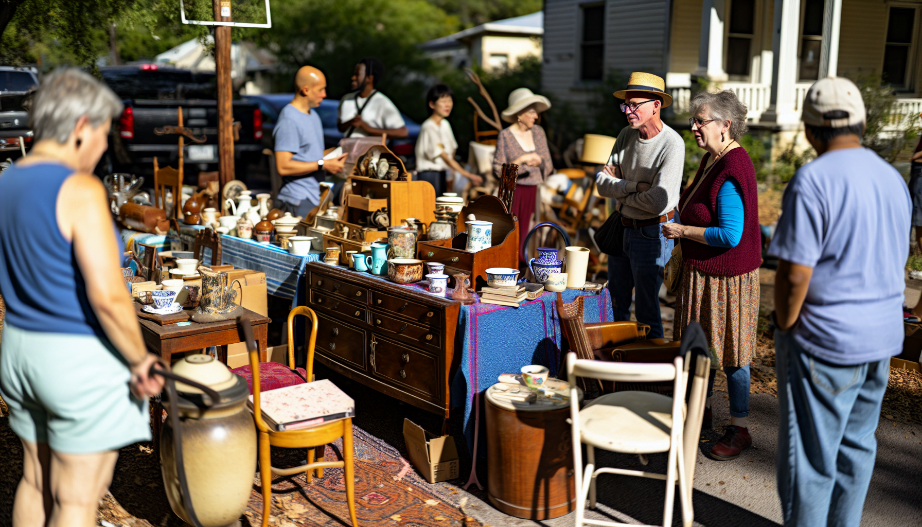 Yard sale with various household items displayed