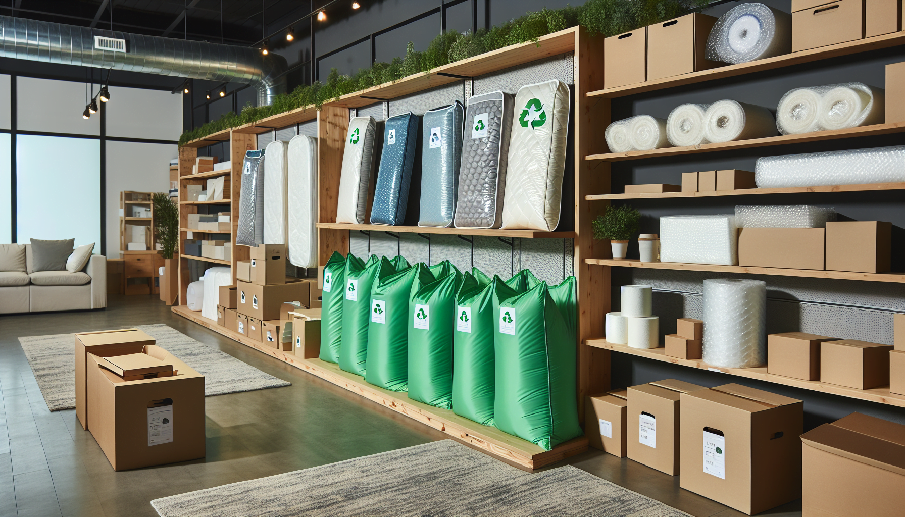 Eco-friendly mattress disposal bags in a furniture outlet