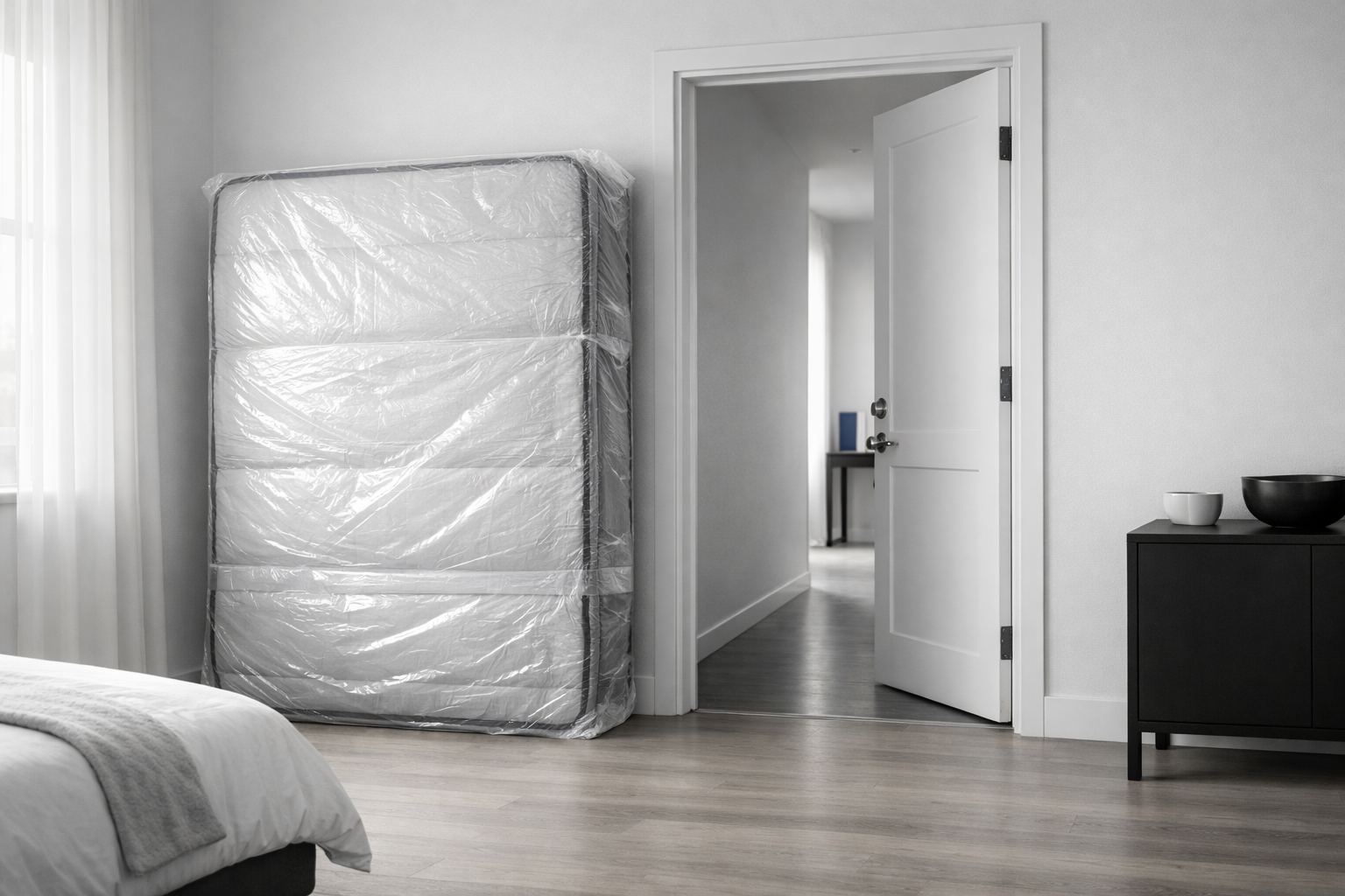 Clean, bright bedroom scene with a wrapped mattress staged near a doorway.