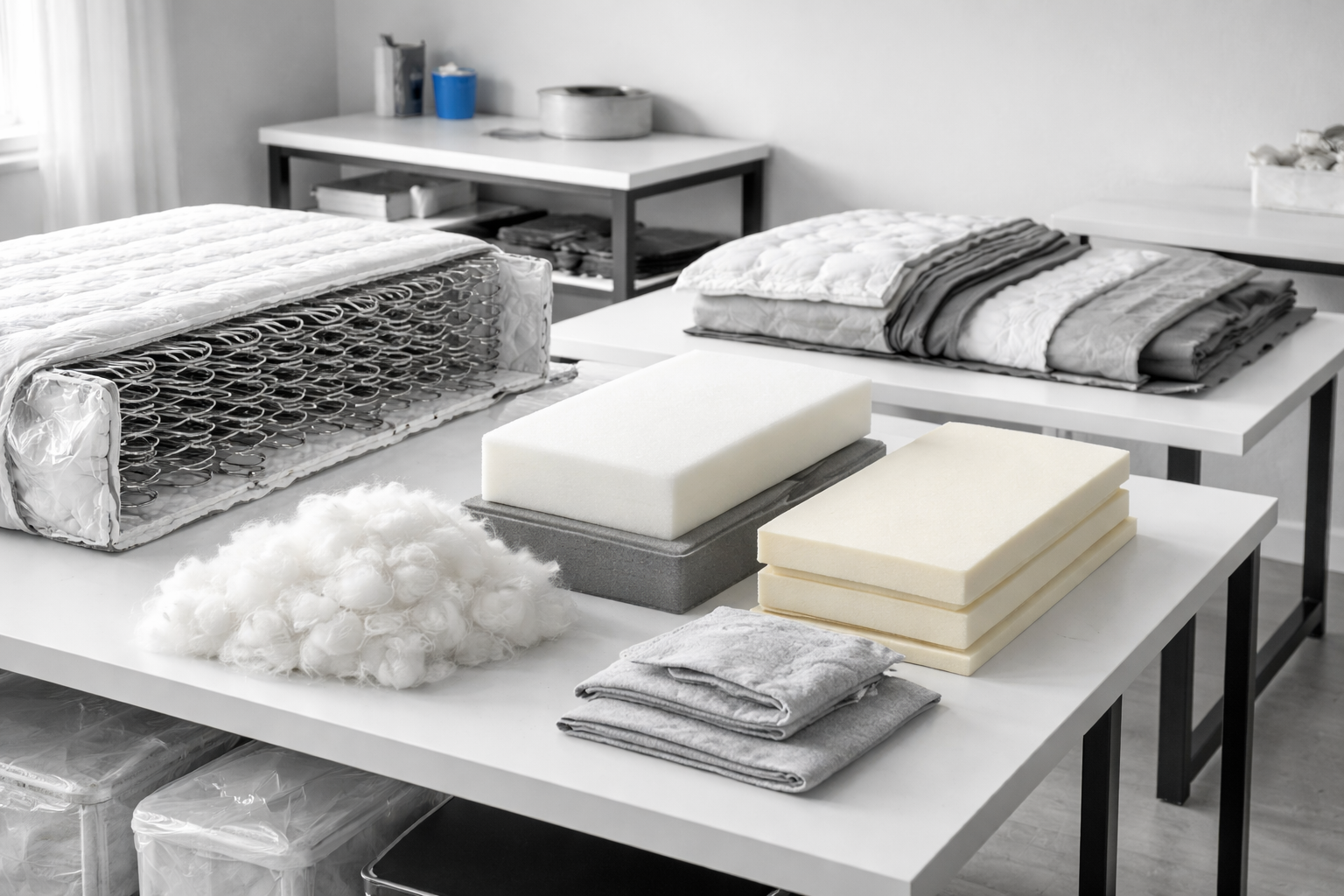 Clean studio layout showing sorted mattress materials on white tables.
