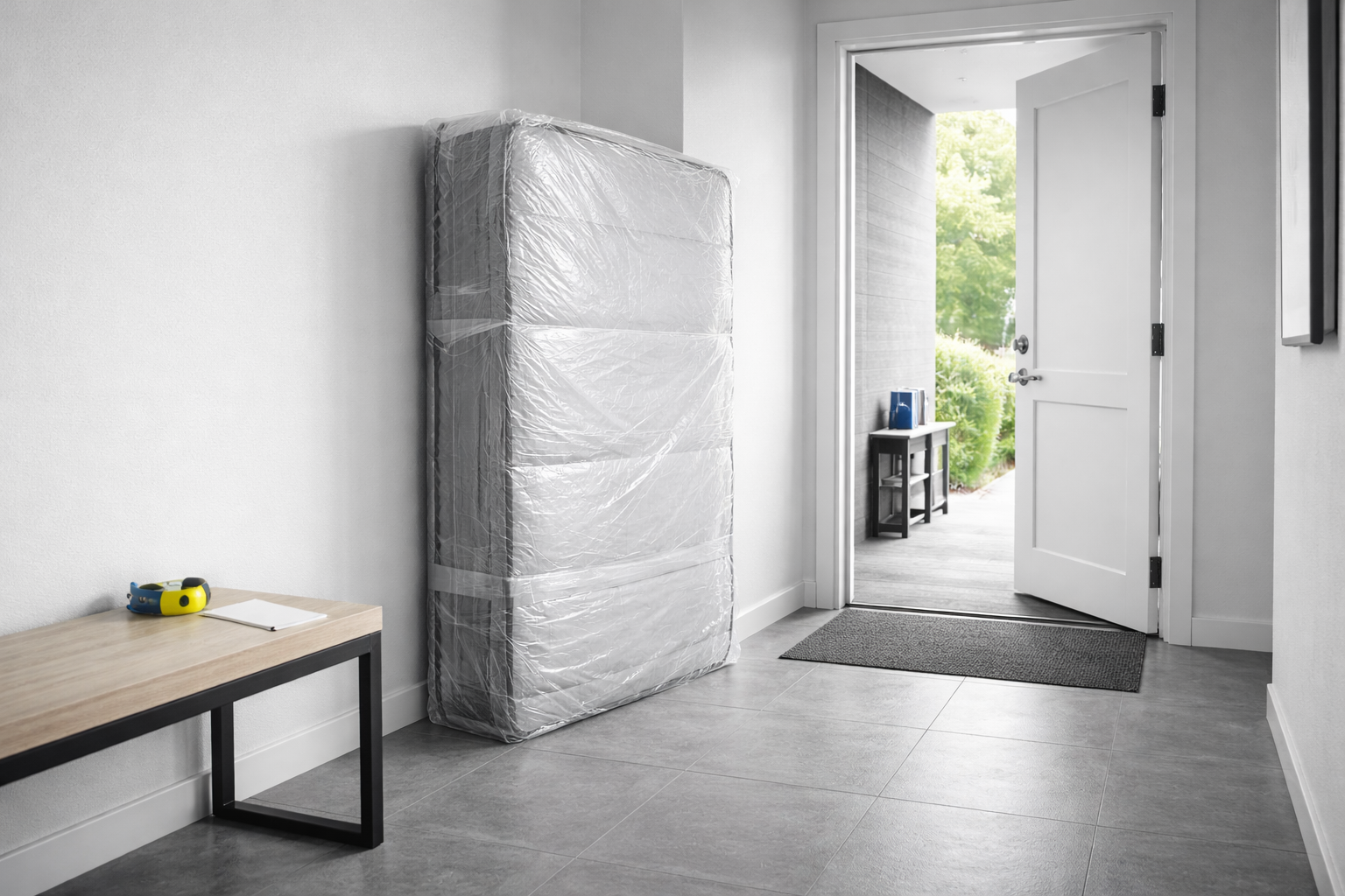 Wrapped mattress staged near an exit with a clear walking path.