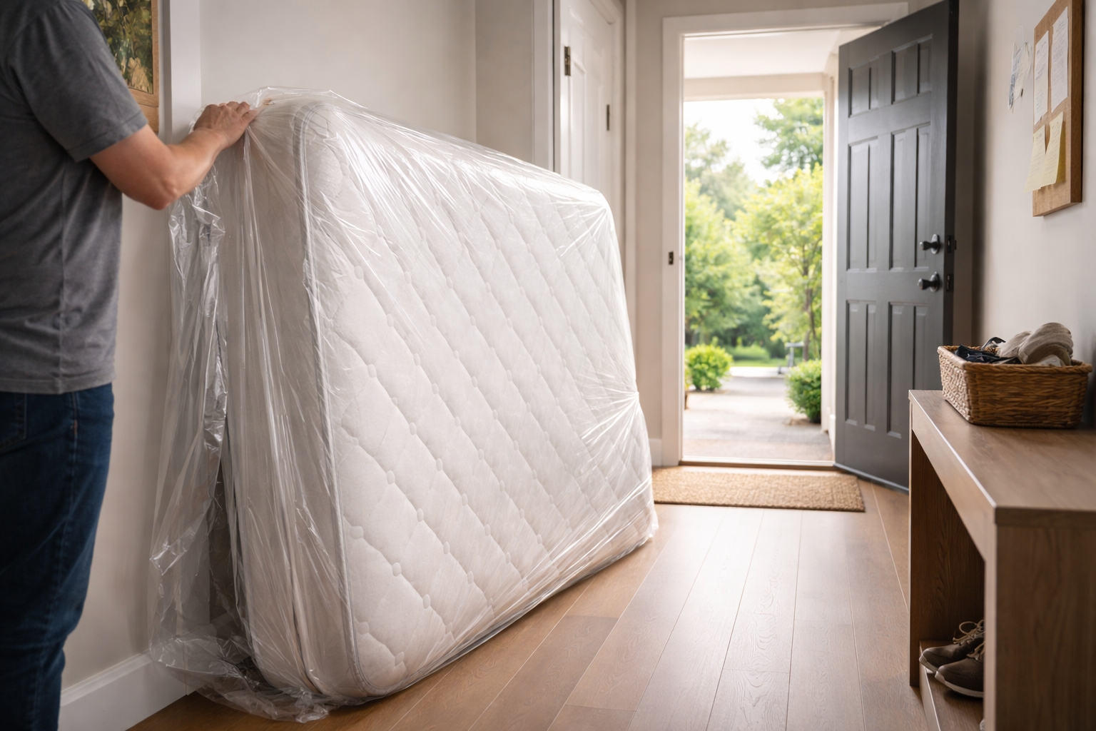 Mattress wrapped in a bag, hallway cleared for pickup
