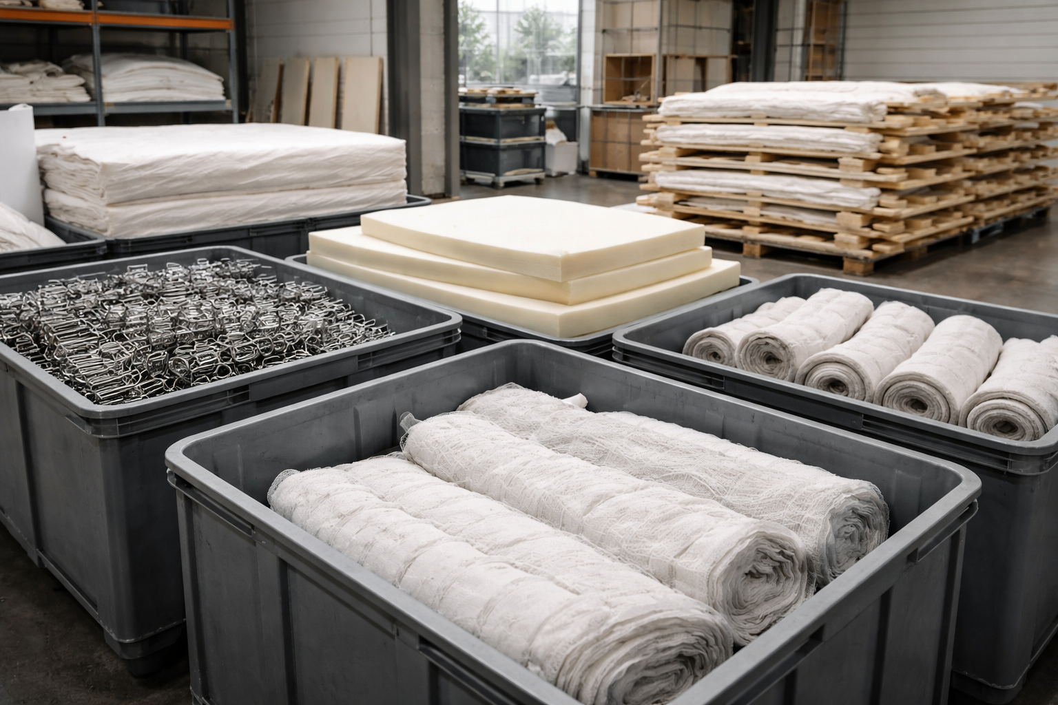 Separated mattress materials (foam, metal, wood) ready for recycling