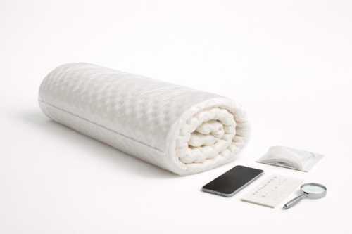 Rolled foam mattress topper with a phone and checklist showing donation rules vary.