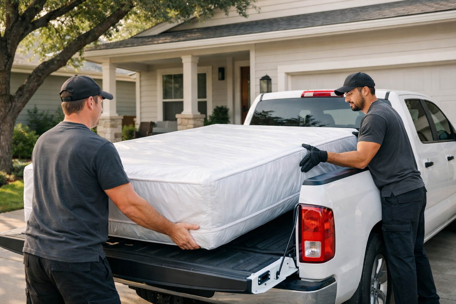 Two people loading a mattress into a pickup truck in front of an Austin home